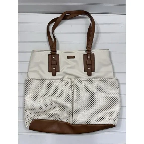 RELIC Shoulder Bag Tote Handbag Ivory Faux Leather with Brown Trim Double Handle - Picture 1 of 7
